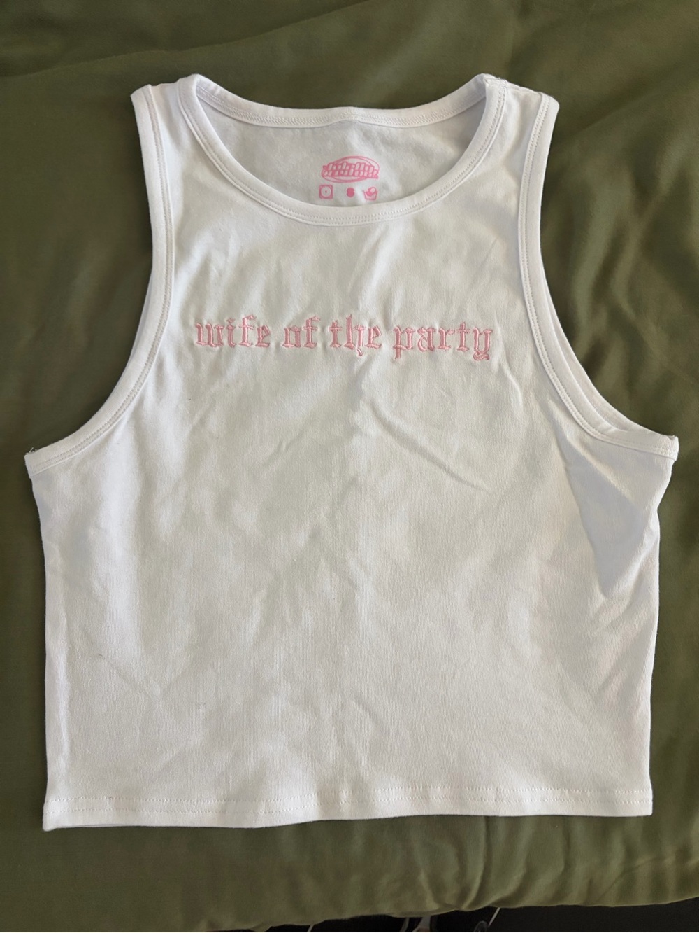 White 'Wife of the Party' Cropped Tank Top - Pink Embroidery